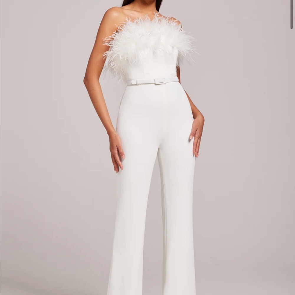 Colette Ostrich Feather Trim Belted Strapless Jumpsuit - Picture 1 of 5
